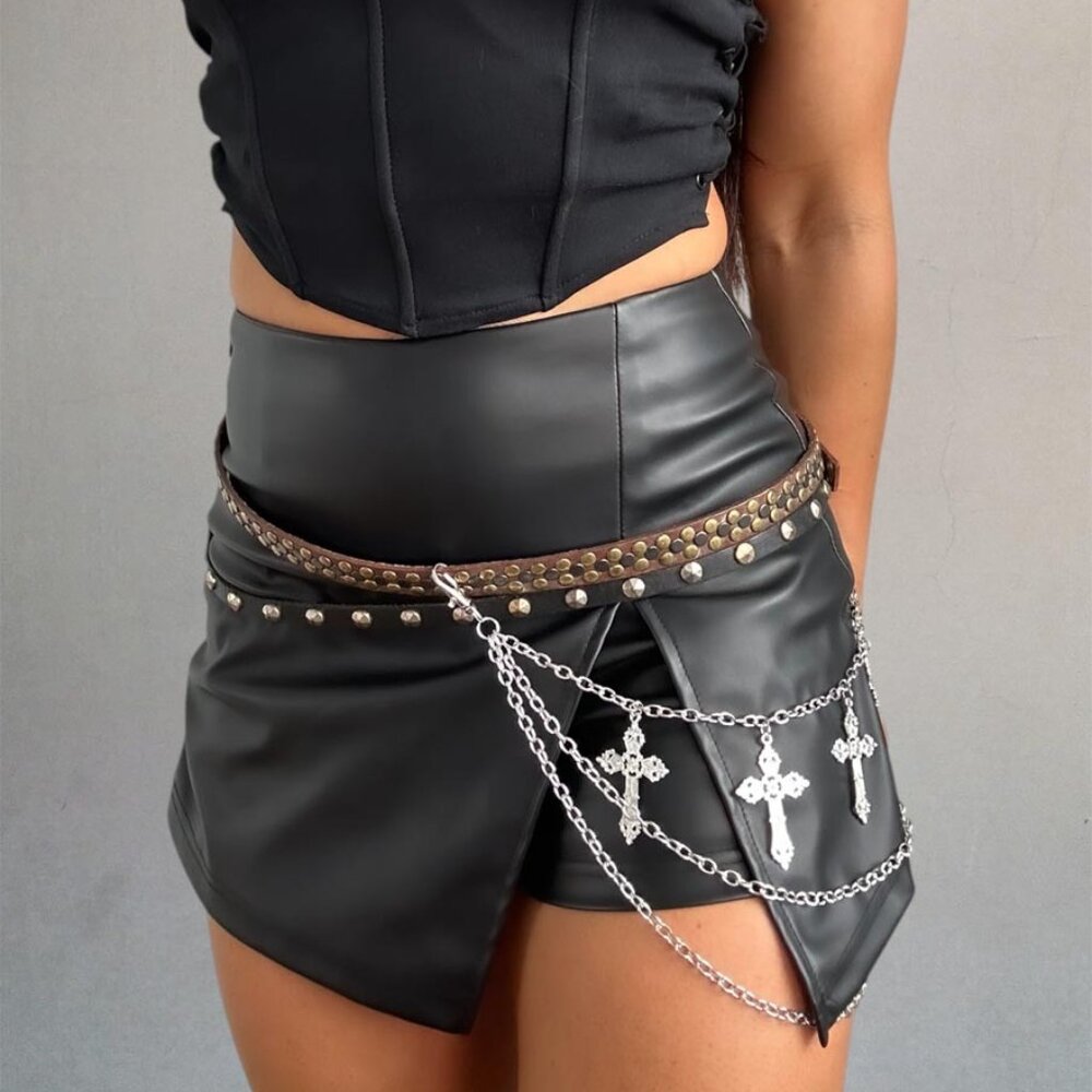 Stylish Gothic Rivet Adjustable Belt - Unisex Punk Silver Cross Multi Layer